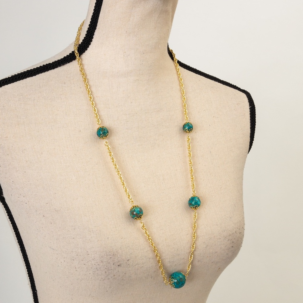 JTV gold tone longer style necklace with turquoise balls approx 29.5” length - Picture 4 of 16